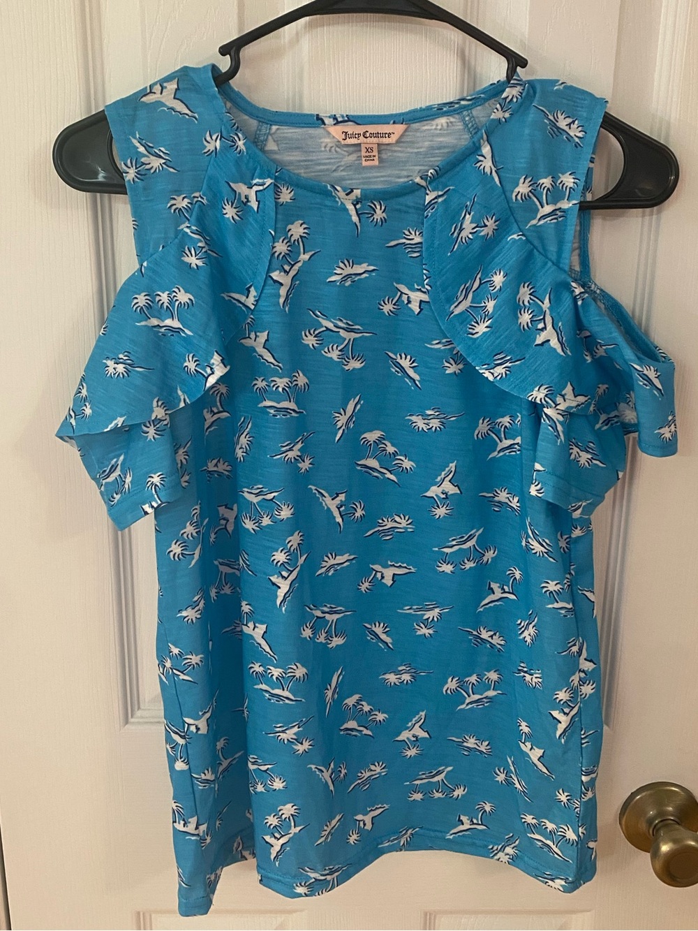 Juicy Couture XS Blue Tropical Palm Tree Cold Shoulder Ruffle Top Beachy‎ Summer